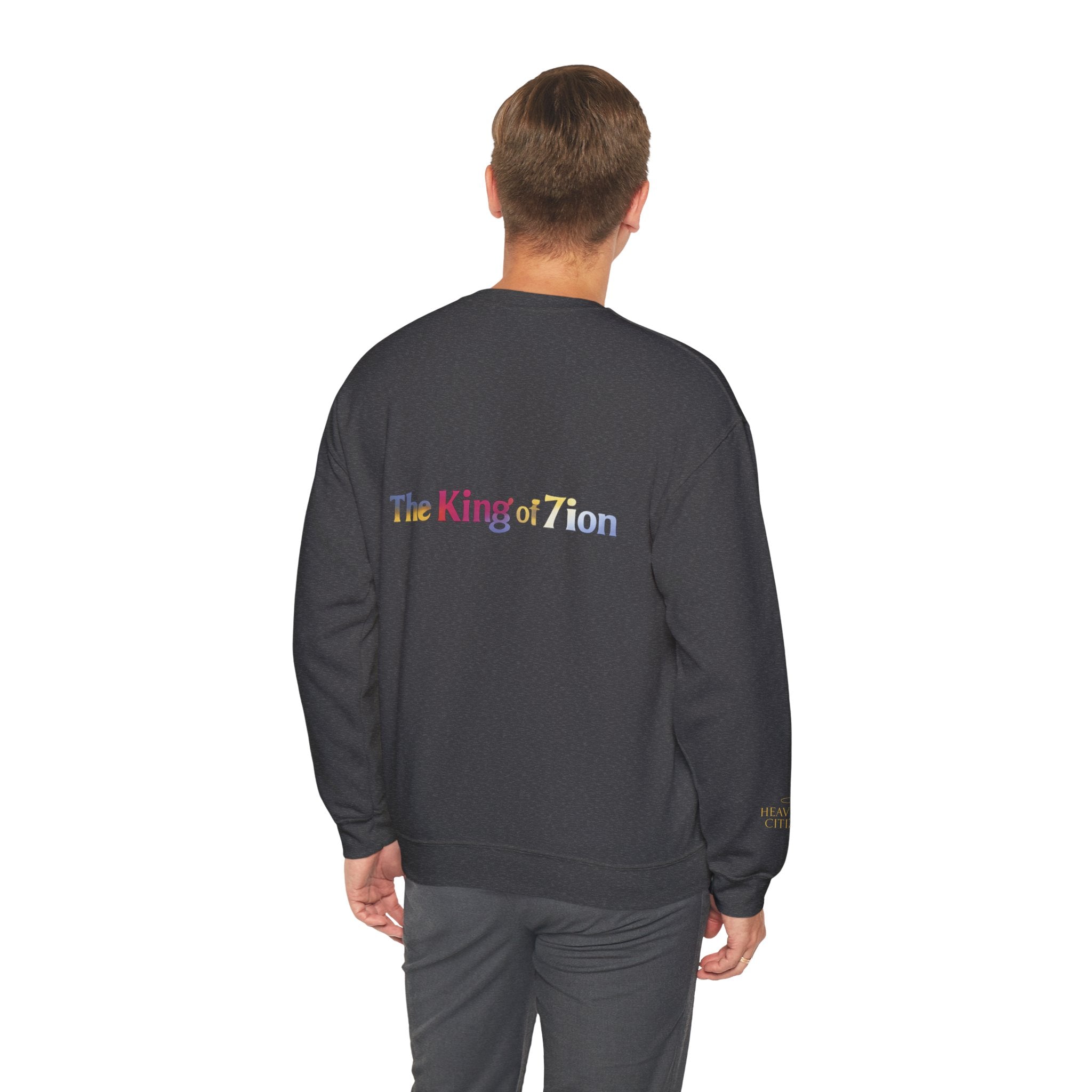 Crewneck Sweatshirt — "The King of Zion" Colorful Back Logo, Faith-Inspired Christian Gift