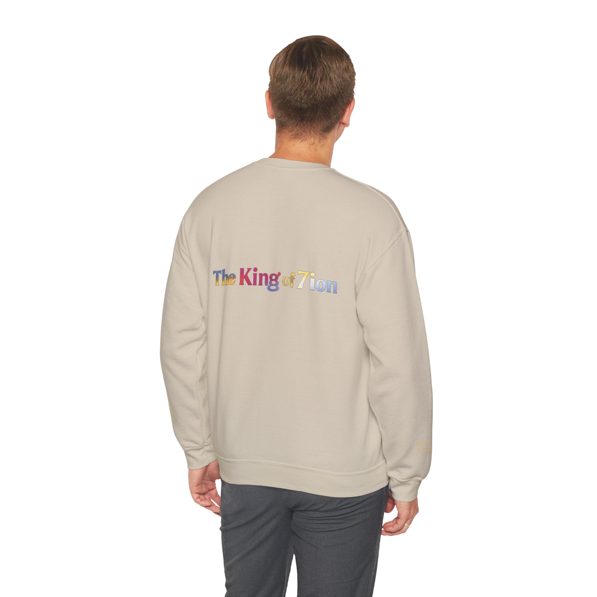 Crewneck Sweatshirt — "The King of Zion" Colorful Back Logo, Faith-Inspired Christian Gift