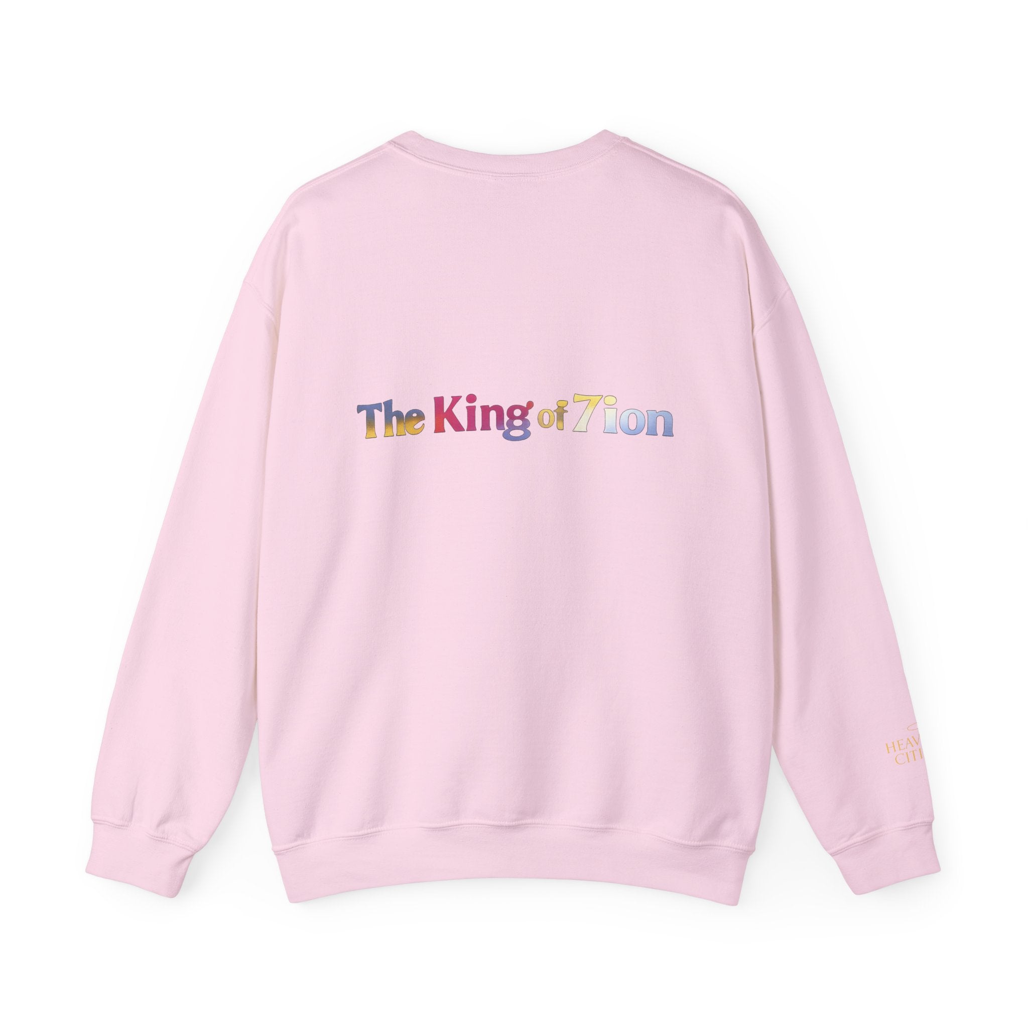 Crewneck Sweatshirt — "The King of Zion" Colorful Back Logo, Faith-Inspired Christian Gift