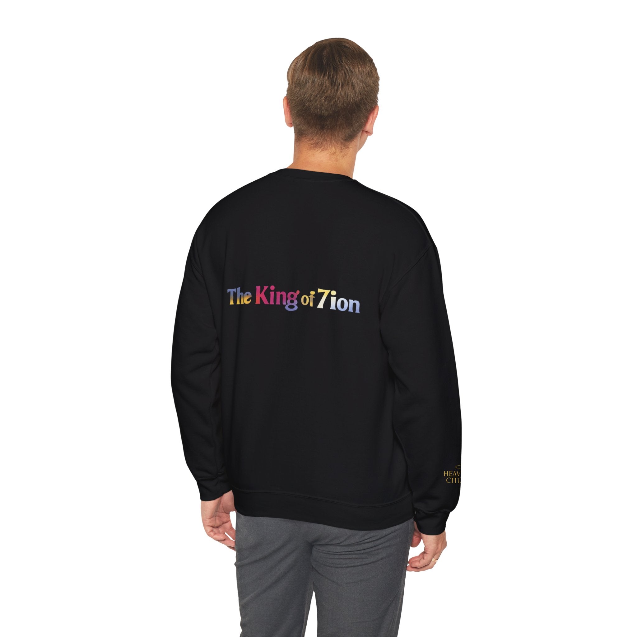 Crewneck Sweatshirt — "The King of Zion" Colorful Back Logo, Faith-Inspired Christian Gift