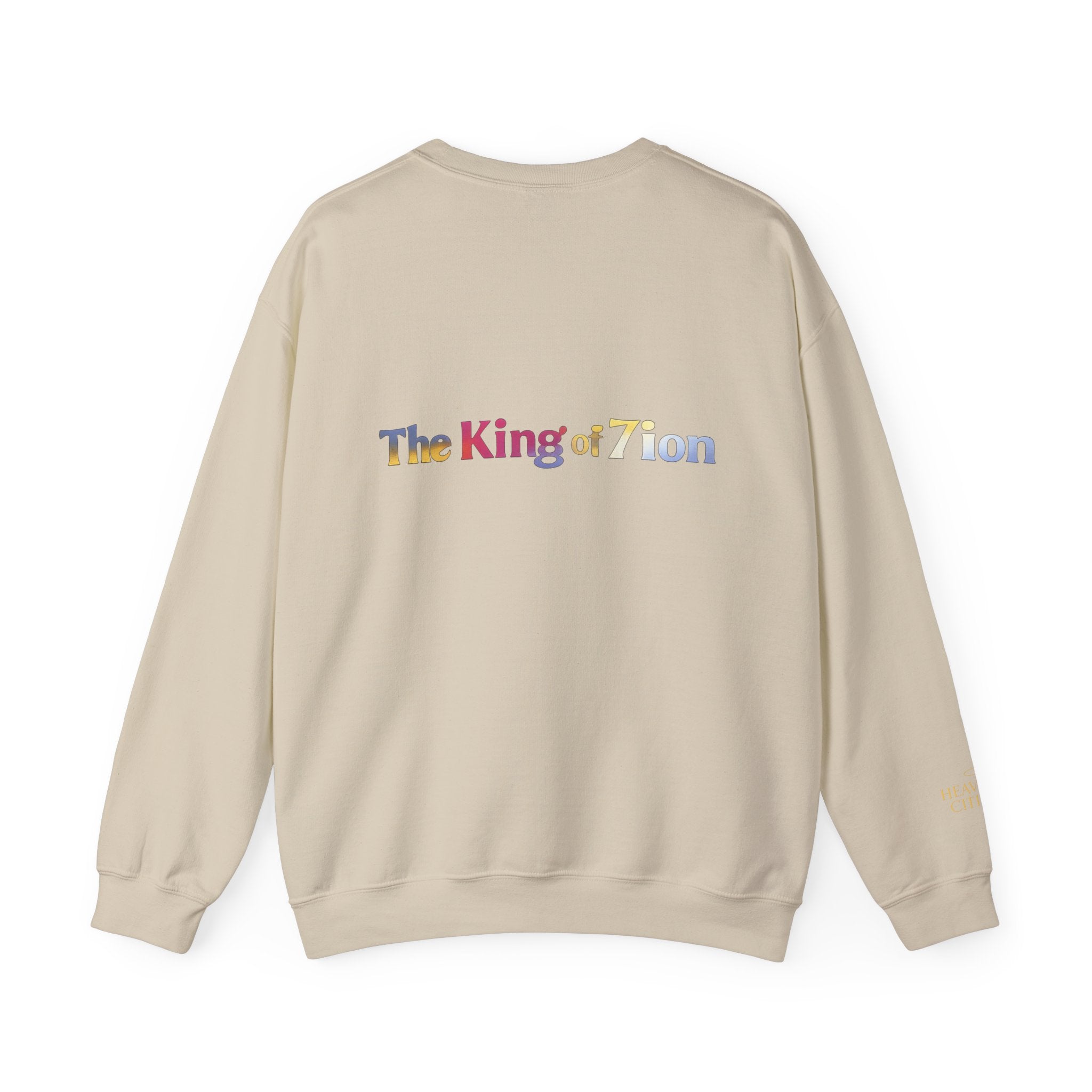 Crewneck Sweatshirt — "The King of Zion" Colorful Back Logo, Faith-Inspired Christian Gift