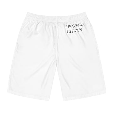 Heavenly Citizen Board Shorts – Minimal White Surf/Beach Swim Trunks