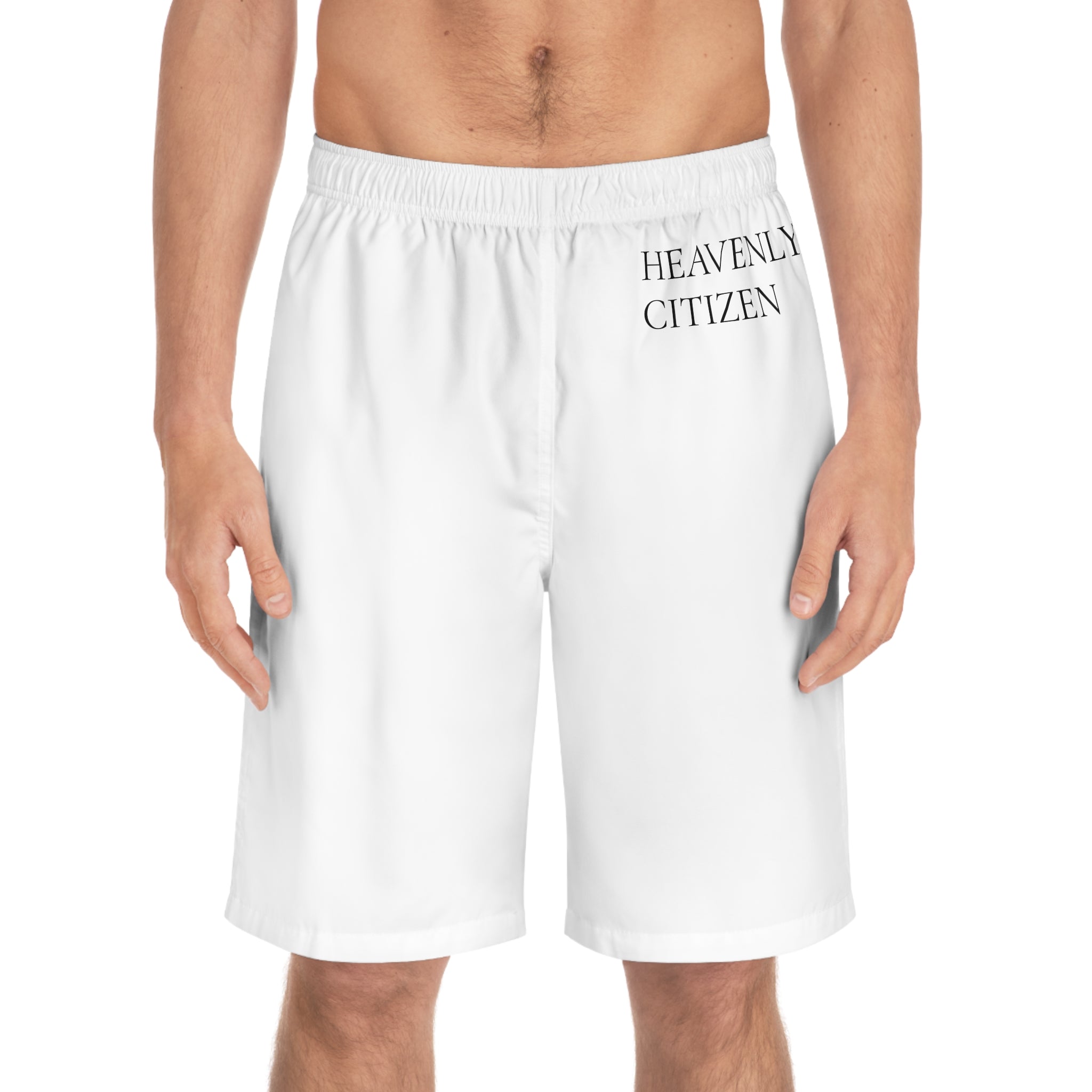 Heavenly Citizen Board Shorts – Minimal White Surf/Beach Swim Trunks