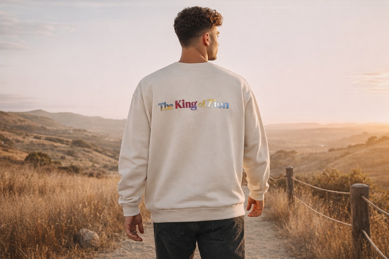 Crewneck Sweatshirt — "The King of Zion" Colorful Back Logo, Faith-Inspired Christian Gift