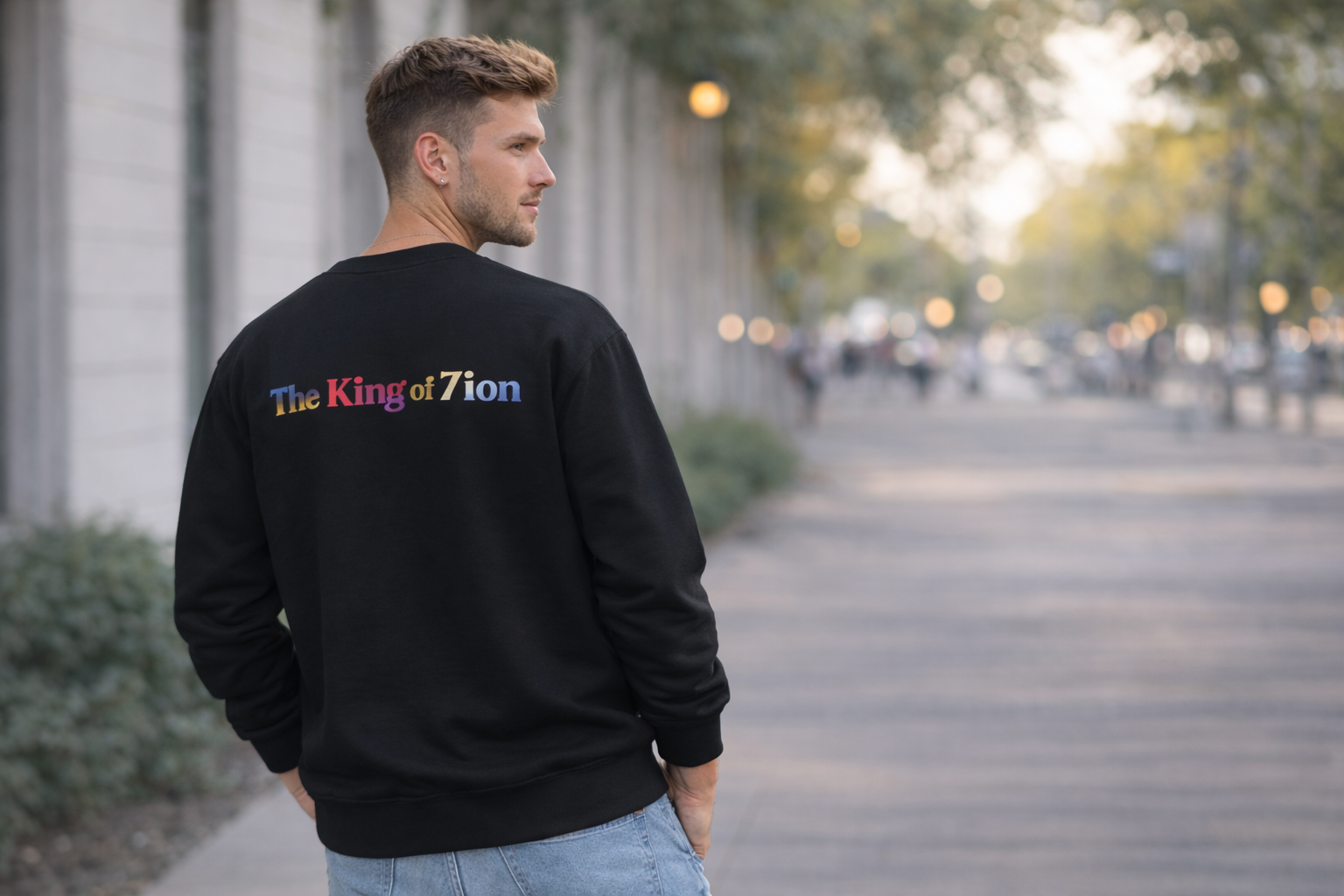 Crewneck Sweatshirt — "The King of Zion" Colorful Back Logo, Faith-Inspired Christian Gift